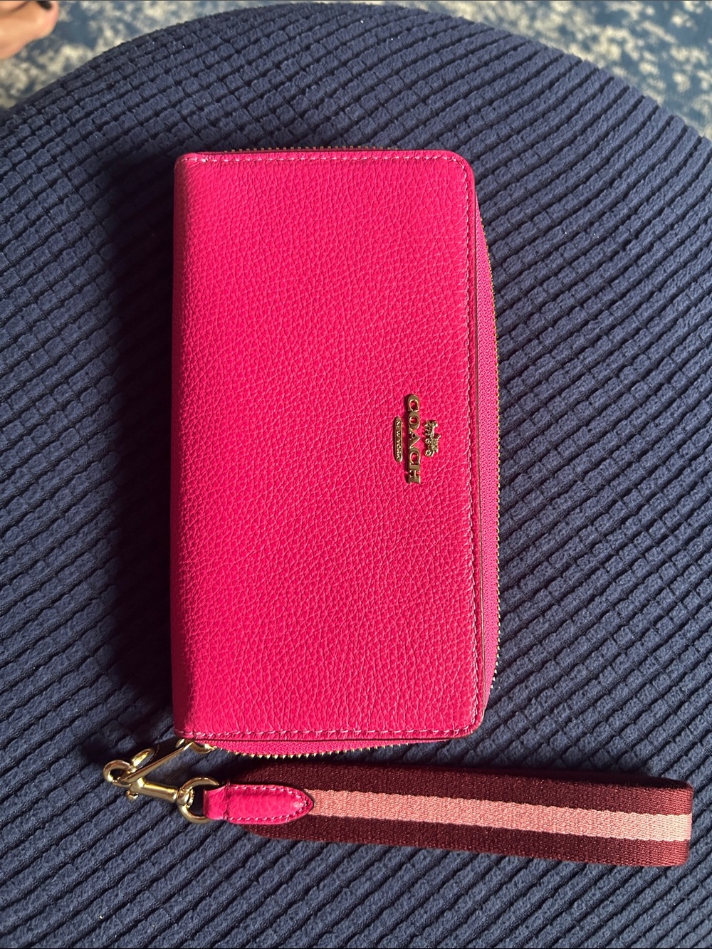 Coach Hot Pink Pebbled Leather Zip Wallet with Striped Wristlet
